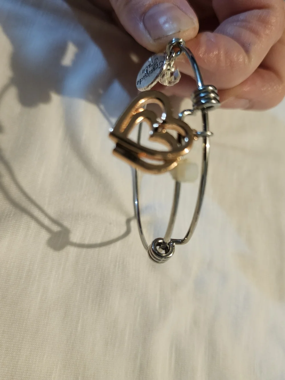 Two-Tone Heart Charm Bangle Bracelet - Silver Band with Rose Gold Heart